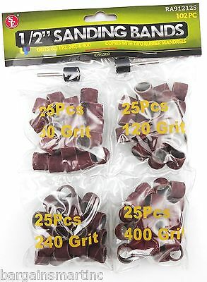 102pc 1/2" Sanding Bands Drums Sleeves Set 60, 120, 240, 400 Grit Rotary Tool