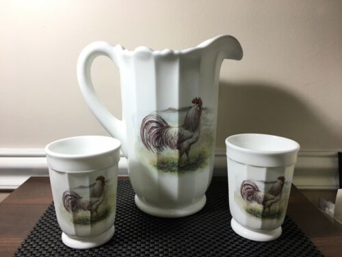 Milk Glass Large Paneled Pitcher W/ Rooster / Chicken  2 Tumbler Glasses Mosser