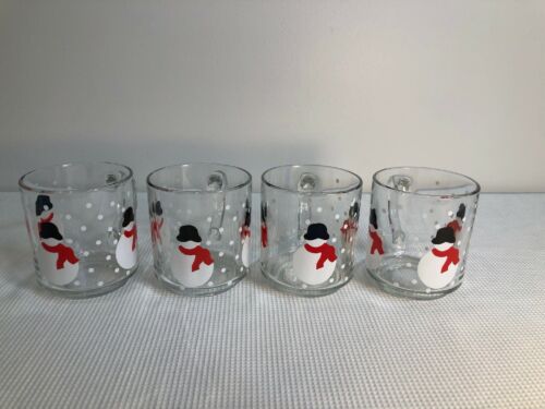 Crate & Barrel Luminarc Glass Coffee Mugs Snowman Holiday Set Of 4 Flaws